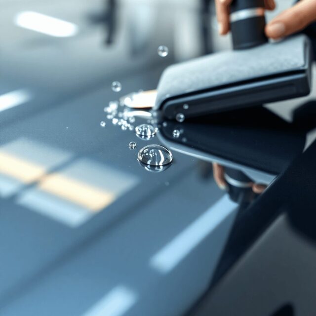 Close up of a glossy car paint surface being wet sanded, with water droplets and sanding tools in focus, emphasizing detailing professionalism against a blurred background