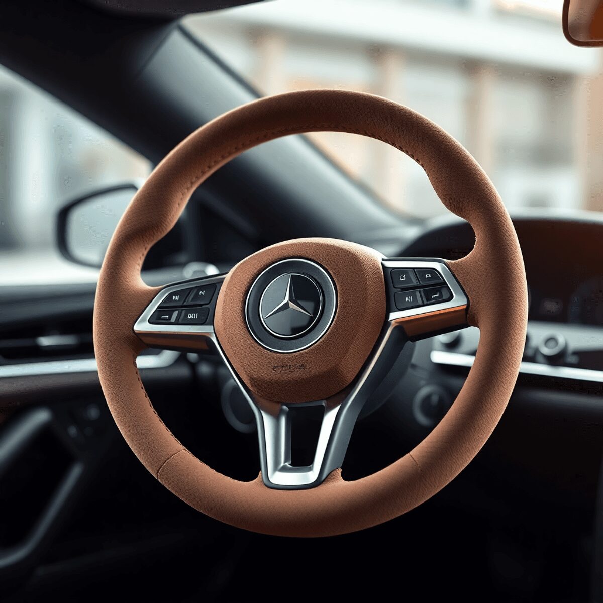 Close up of a luxurious suede steering wheel in a modern car interior, highlighting its soft texture and sleek design against a blurred dashboard background